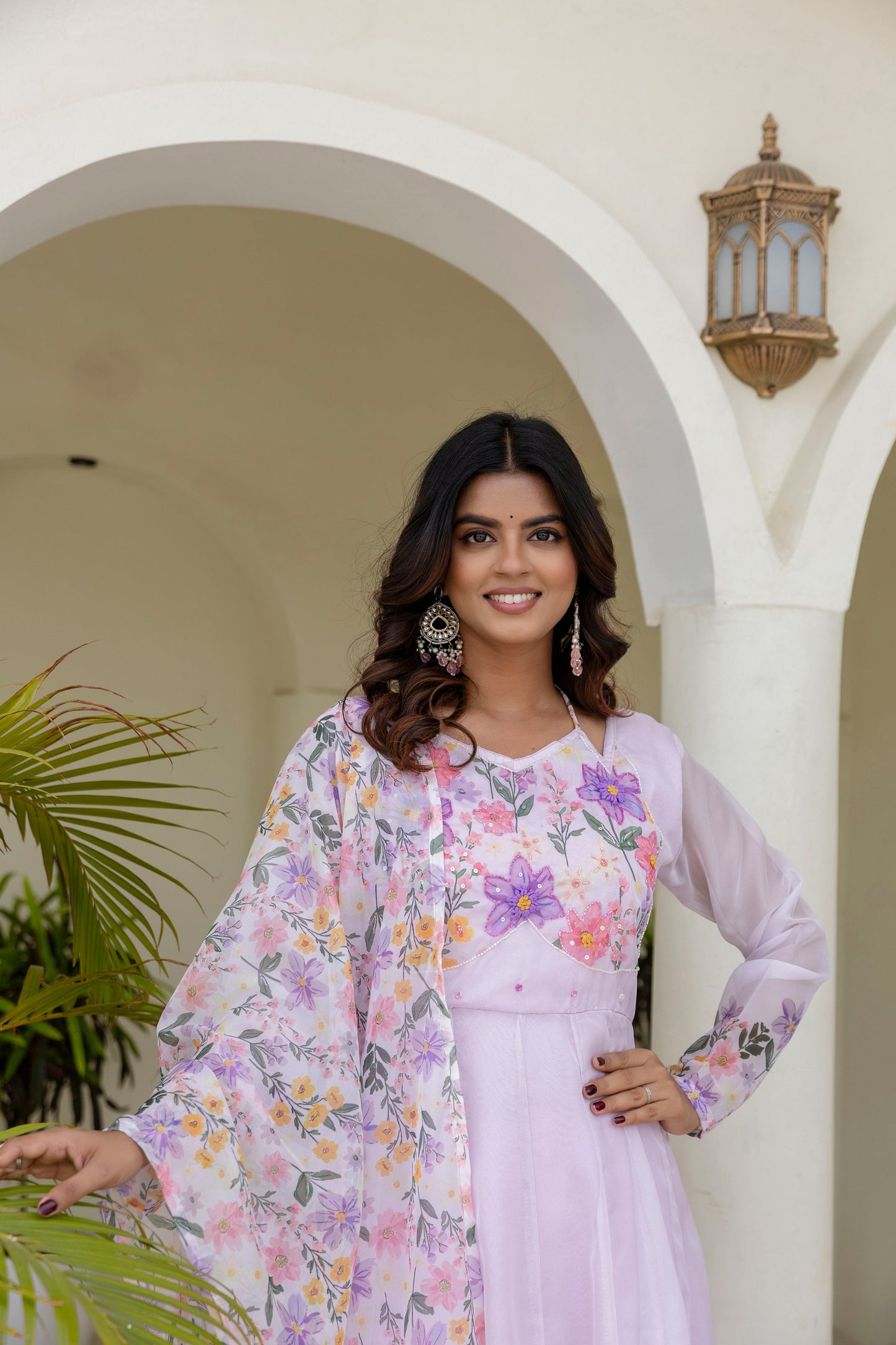 Lovender Color Handwork with print Gown