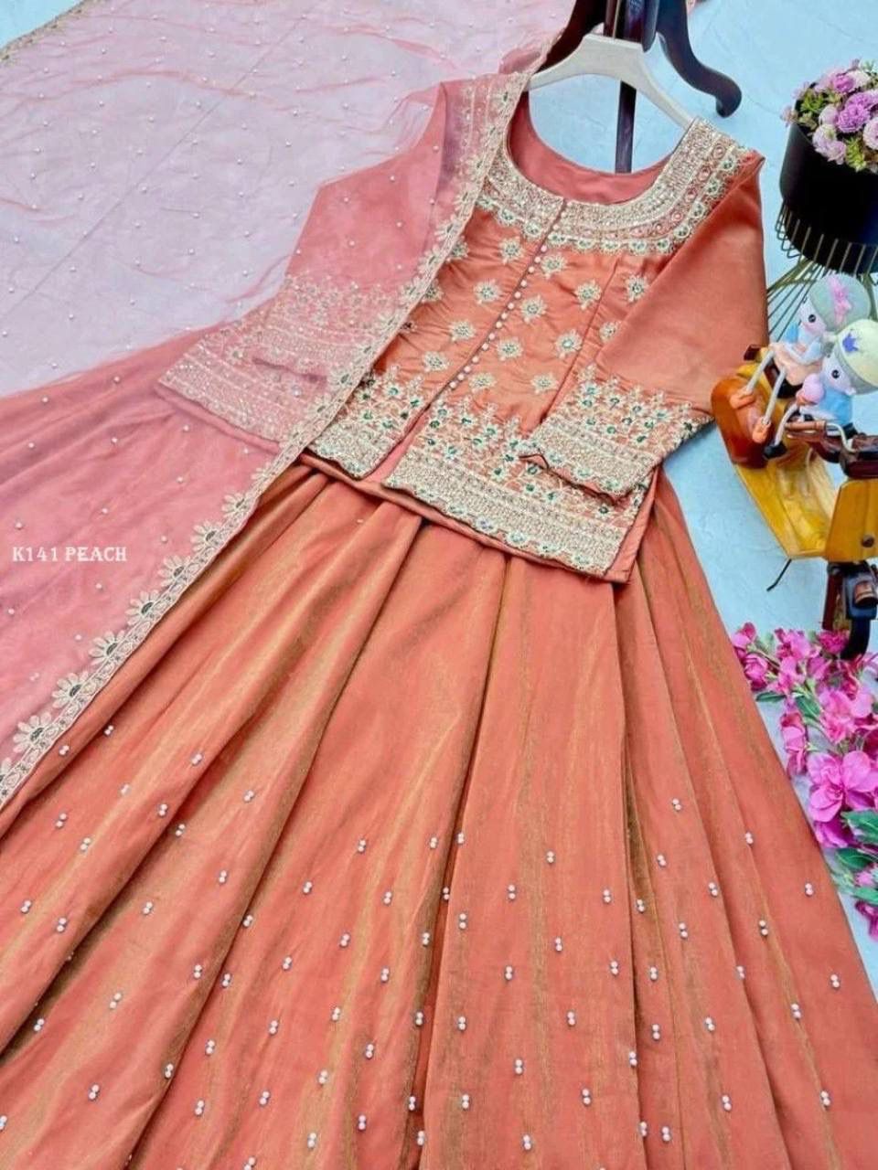 Aurevia Rust Embroidered Lehenga Set with Dupatta