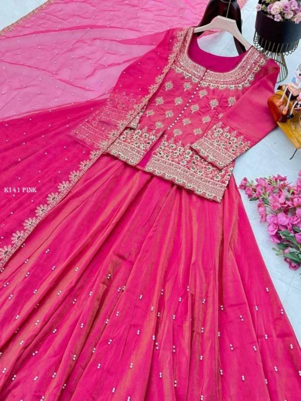 Aurevia Pink Embroidered Lehenga Set with Dupatta