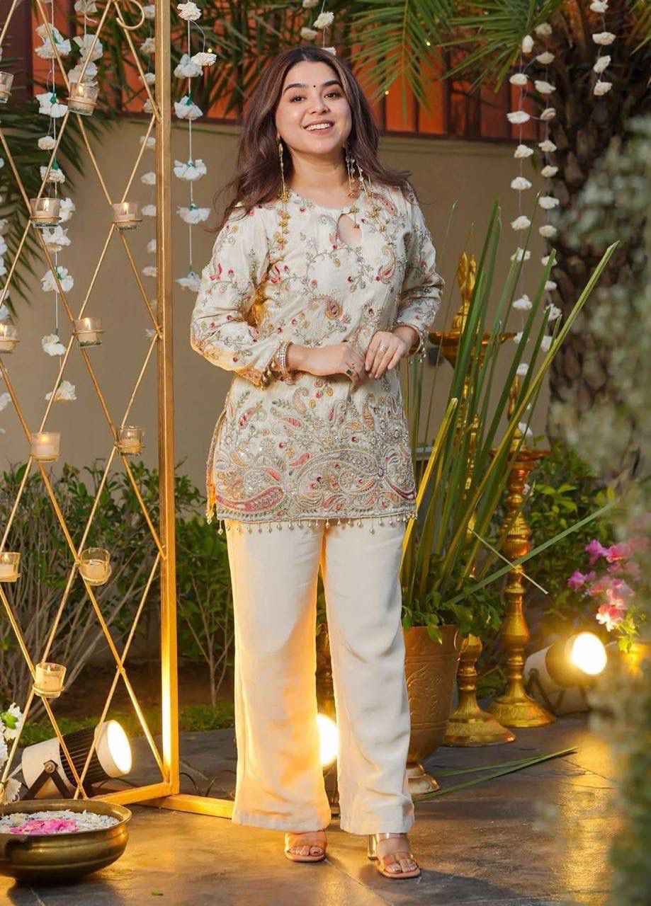 Ivory Embroidered Festive Co-Ord Set for Women