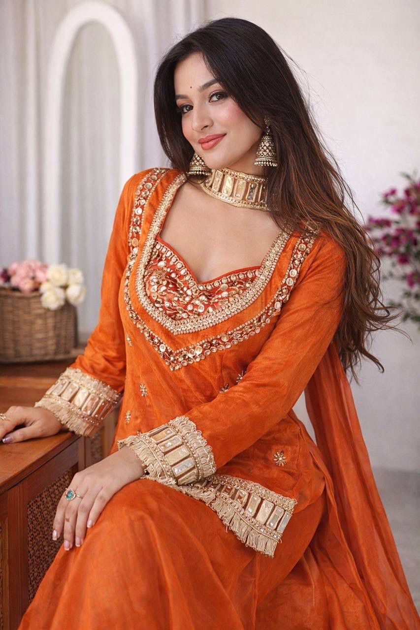 Aurevia Rust Ember Mirror Work Kurta Set