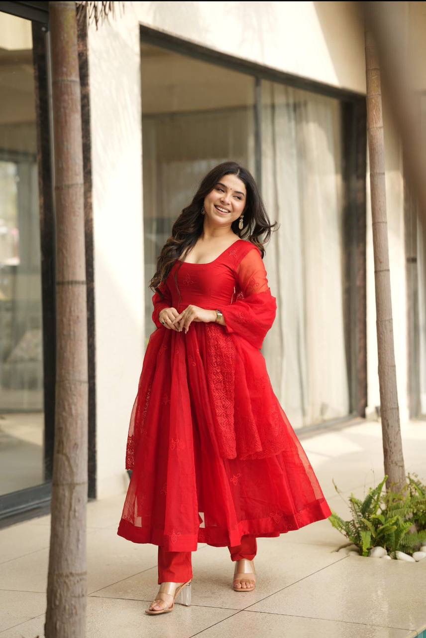 Aurevia Scarlet Red Organza Kurta Set with Dupatta