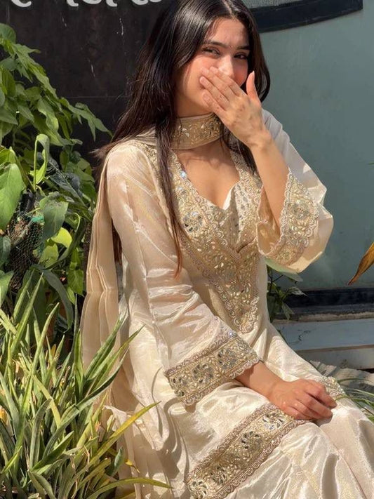 Aurevia Champagne Beige Embroidered Sharara Set for Women