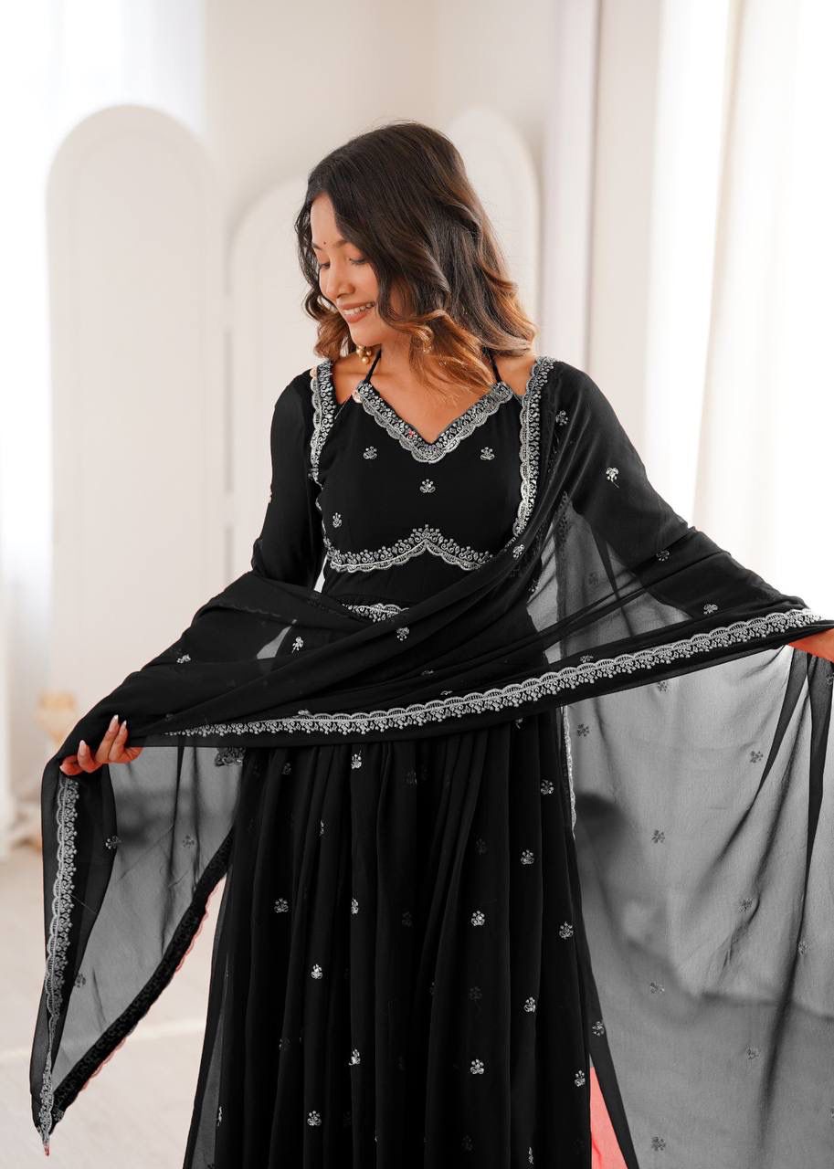 Aurevia Midnight Black Embroidered Georgette Anarkali Set