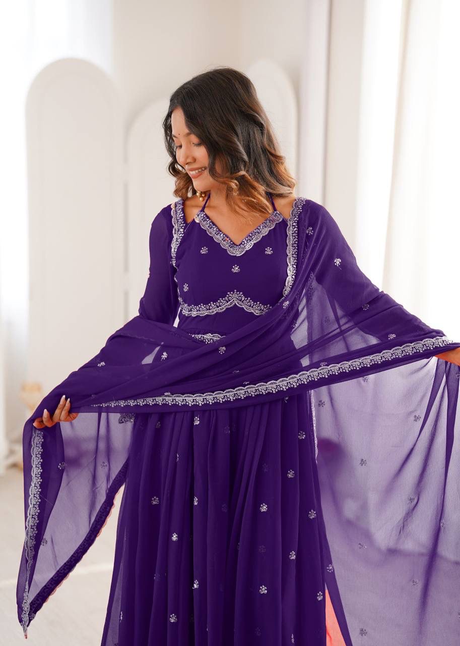Aurevia Royal Purple Georgette Embroidered Anarkali Suit Set