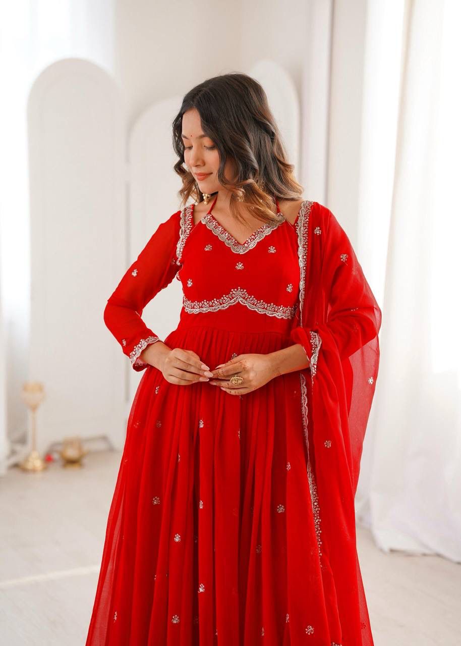 Aurevia Ruby Red Georgette Anarkali Suit Set with Dupatta