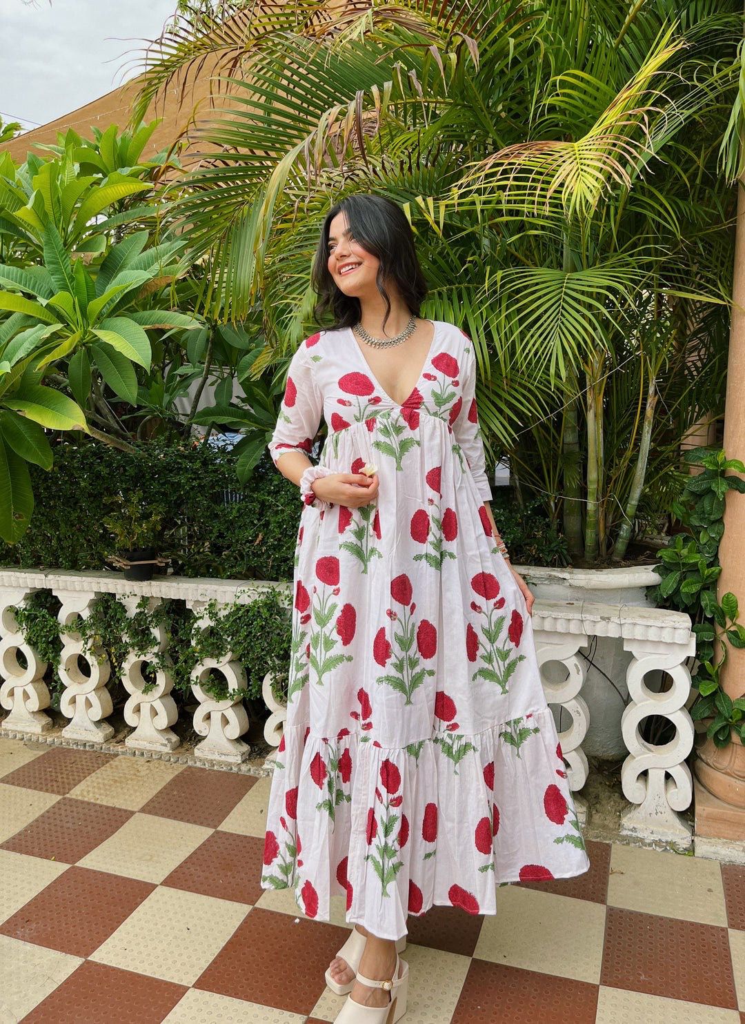 GOPIKA-White & Red flower Digital Print Gown
