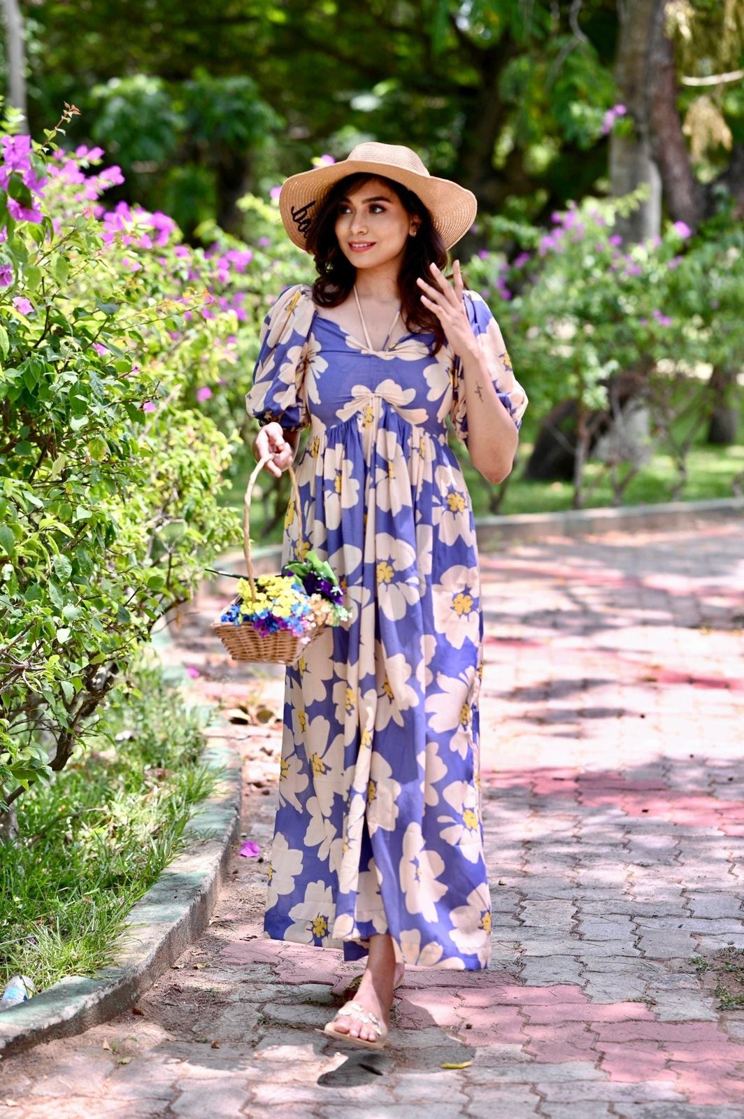 Aurevia Women’s Lavender Floral Printed Flared Maxi Dress