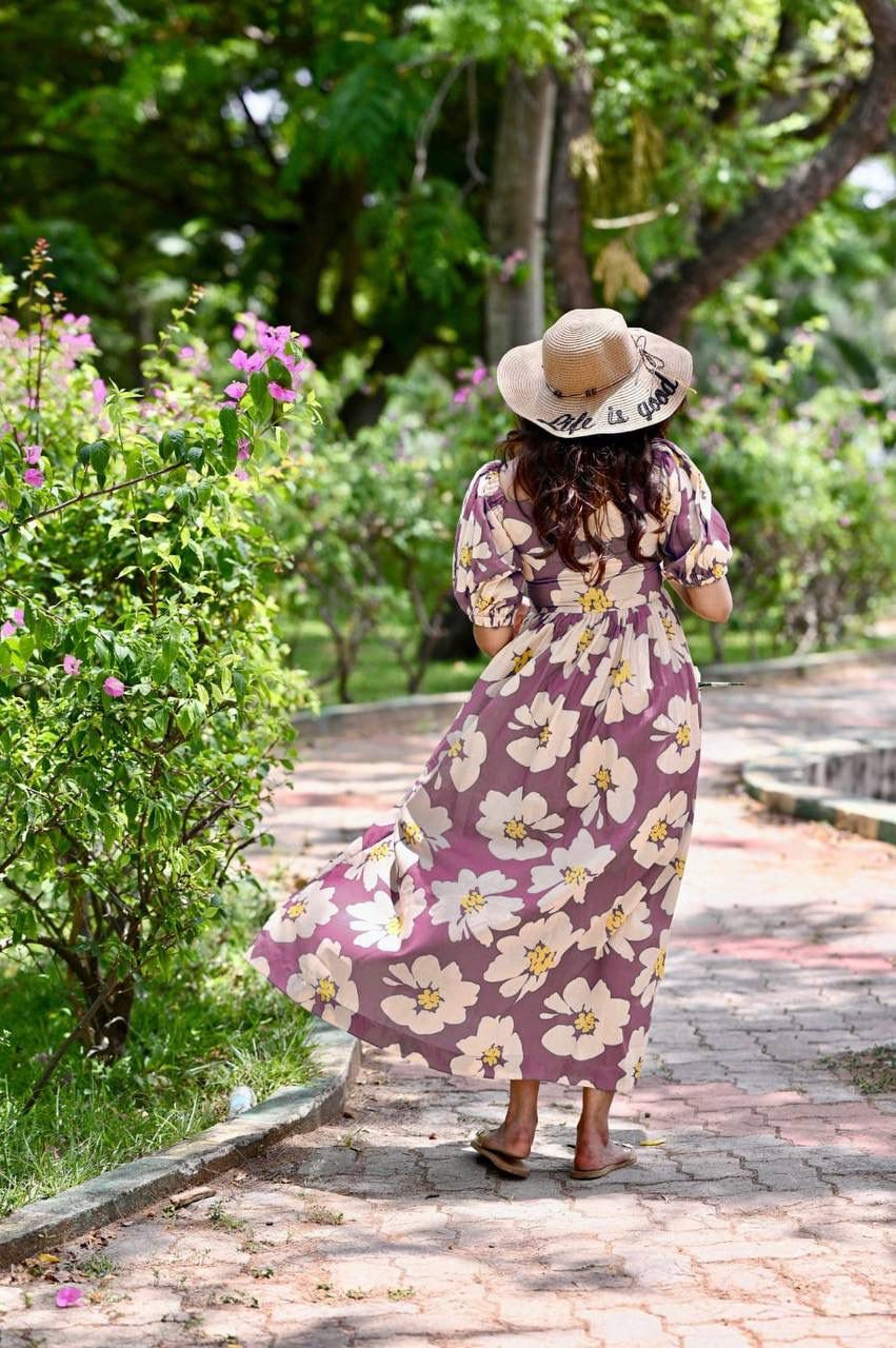 Aurevia Women’s Mauve Floral Printed Puff Sleeve Maxi Dress