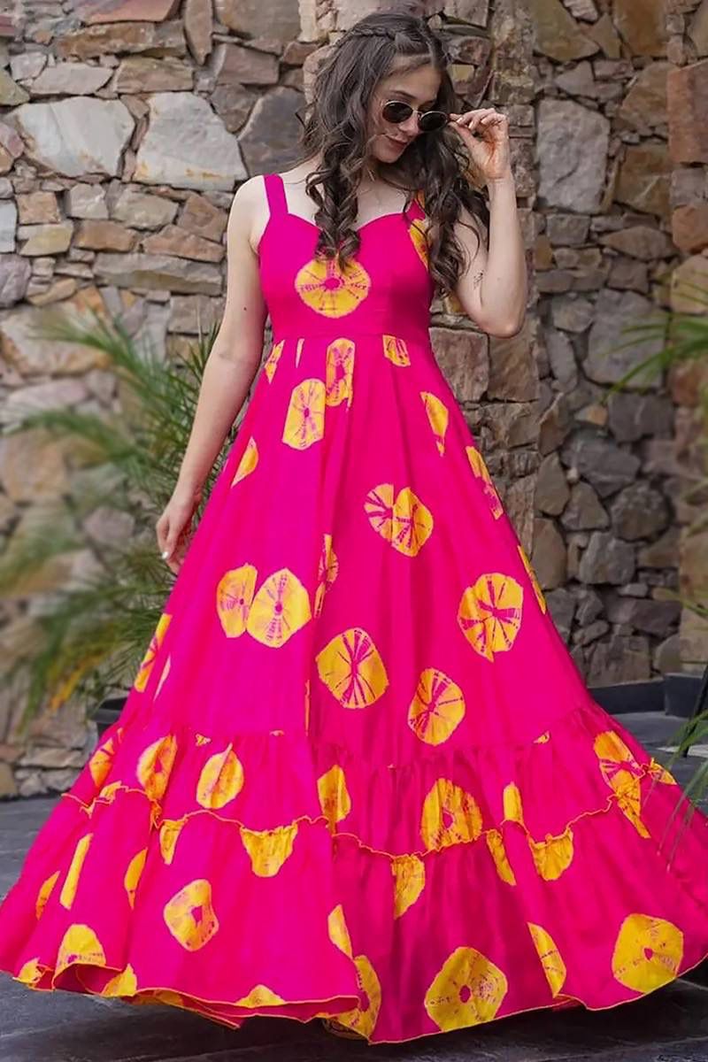 Aurevia Women’s Hot Pink Printed Flared Maxi Dress