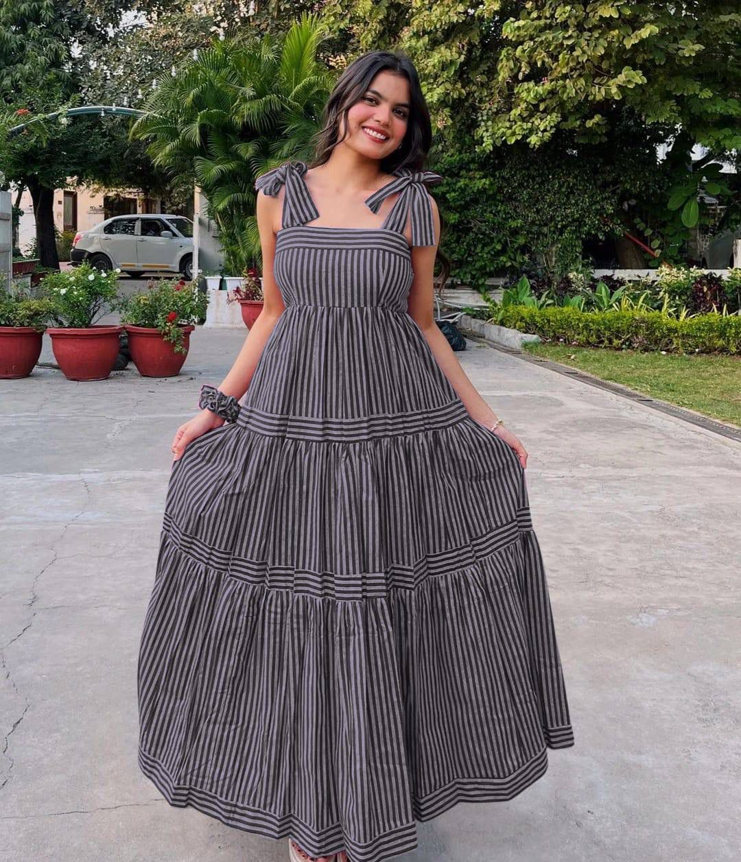 Aurevia Charcoal Gray Stripe Tie-Up Midi Dress