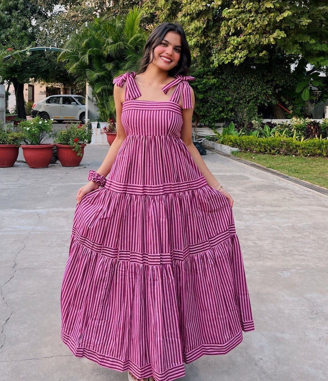 Aurevia Rose Stripe Tie-Up Midi Dress