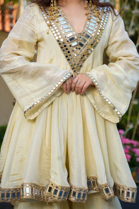 Aurevia Ivory Mirror Work Sharara Set