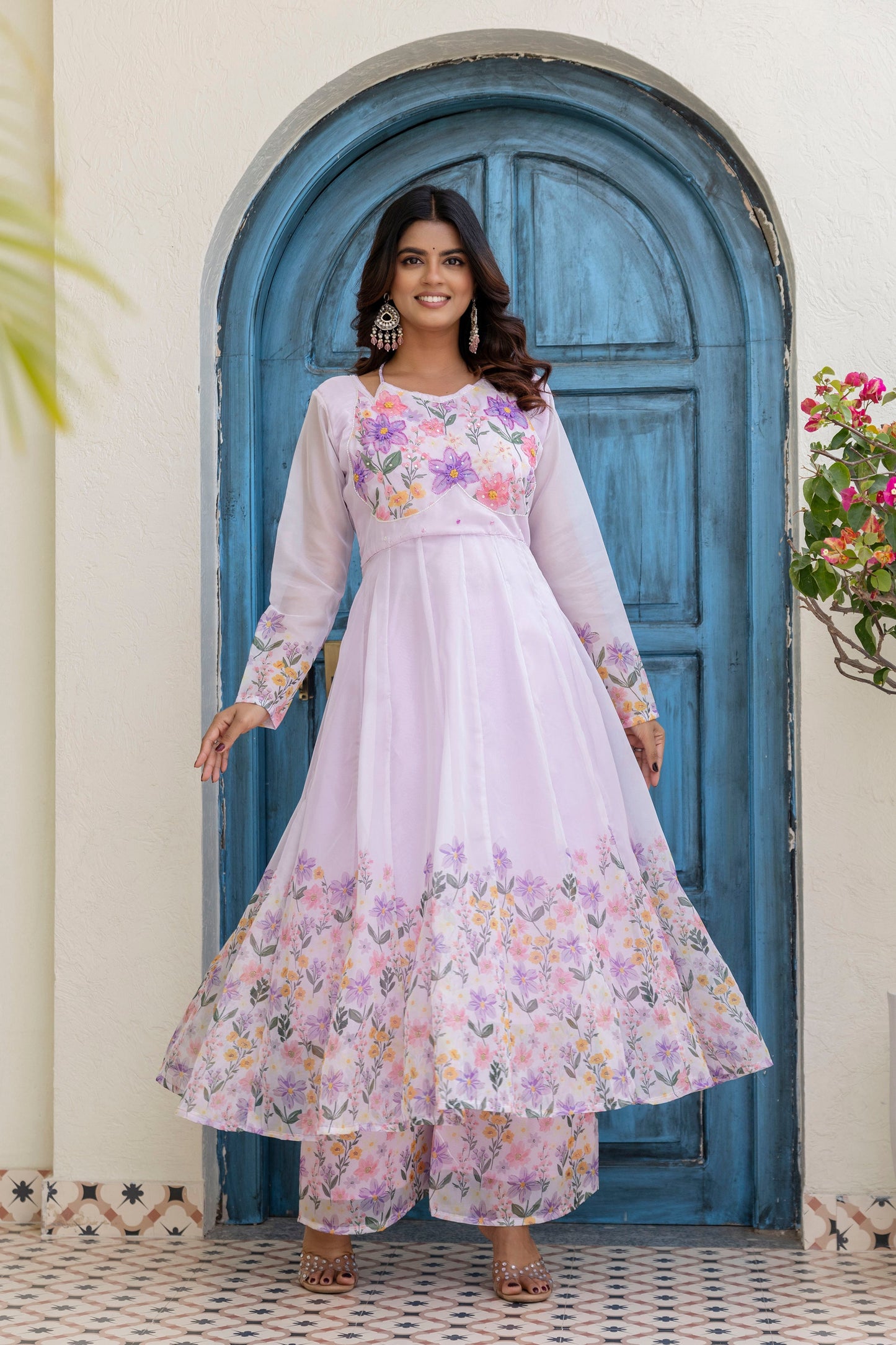 Lovender Color Handwork with print Gown