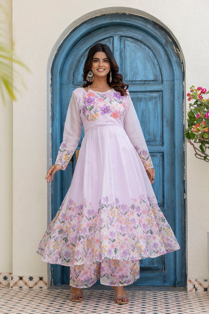 Lovender Color Handwork with print Gown