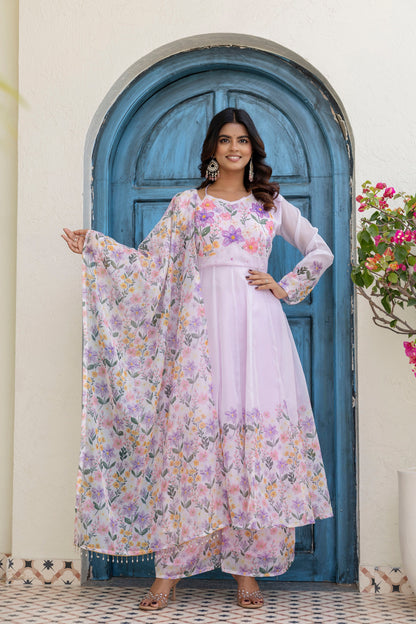 Lovender Color Handwork with print Gown