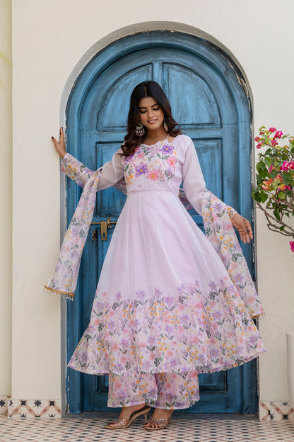Lovender Color Handwork with print Gown