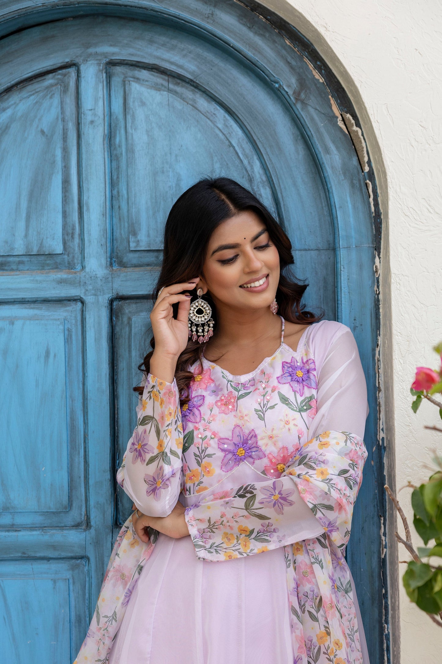 Lovender Color Handwork with print Gown