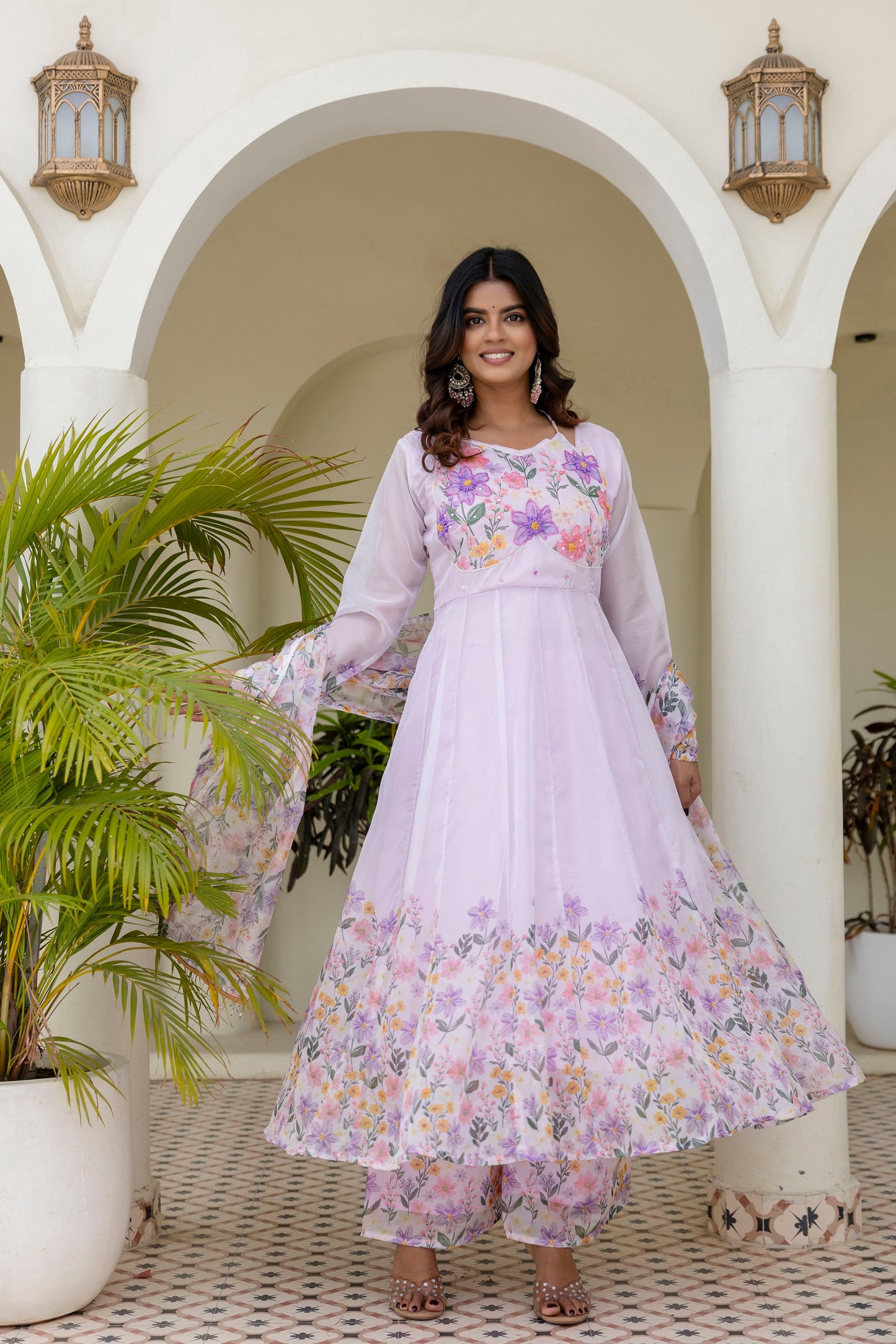 Lovender Color Handwork with print Gown