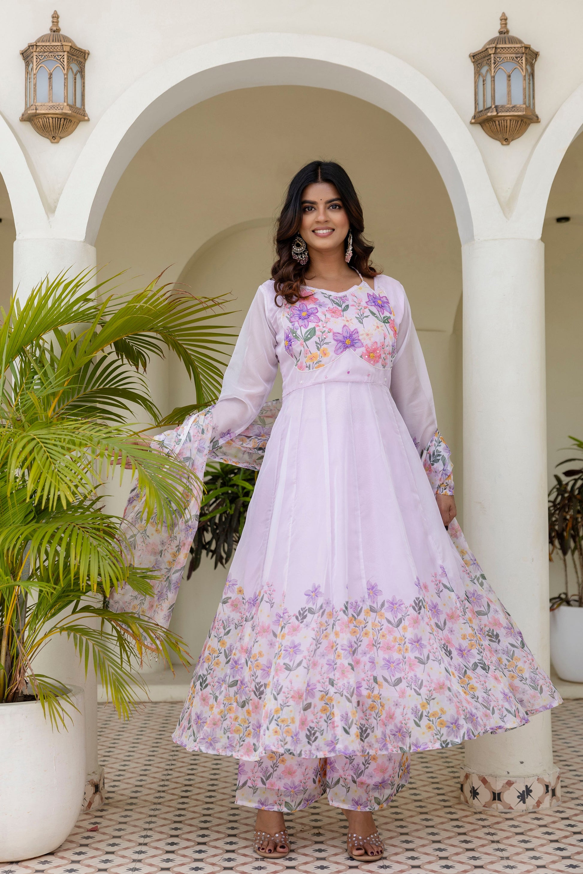 Lovender Color Handwork with print Gown