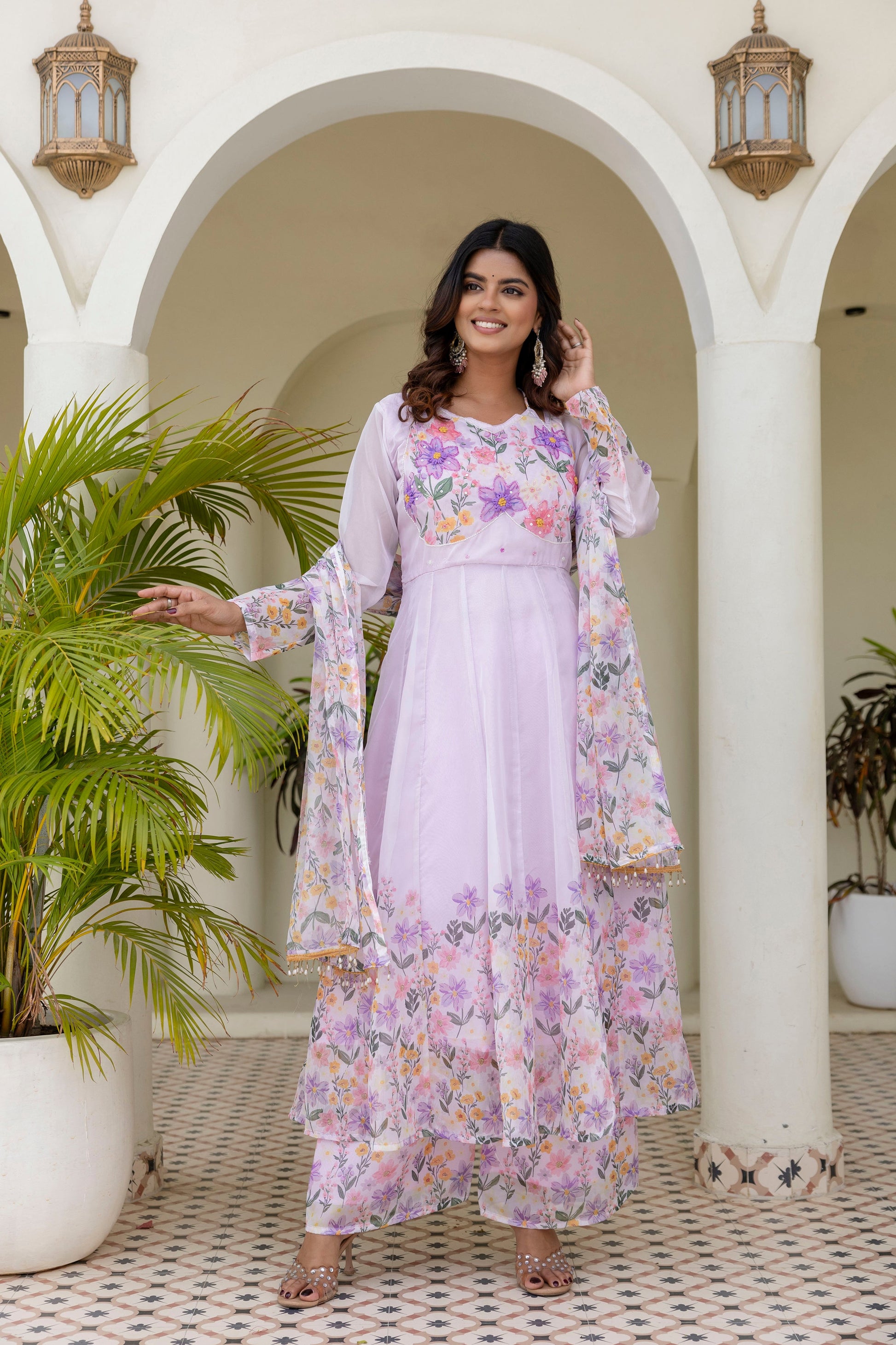 Lovender Color Handwork with print Gown