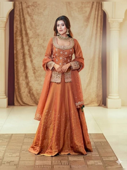 Aurevia Rust Embroidered Lehenga Set with Dupatta