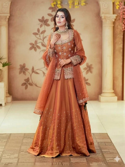 Aurevia Rust Embroidered Lehenga Set with Dupatta