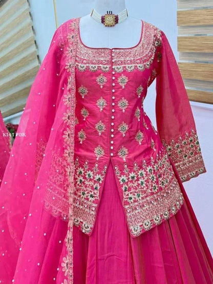 Aurevia Pink Embroidered Lehenga Set with Dupatta