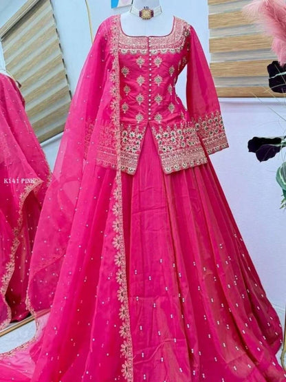 Aurevia Pink Embroidered Lehenga Set with Dupatta