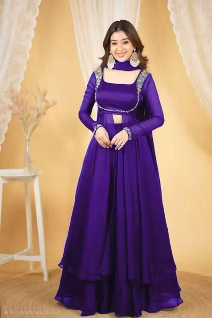 Aurevia Royal Georgette Layered Gown Set with Embellished Yoke