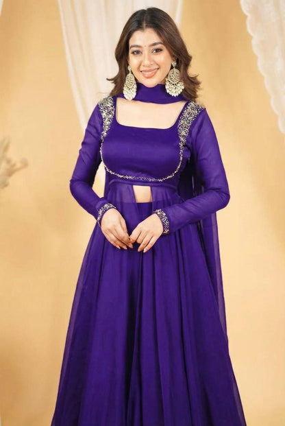 Aurevia Royal Georgette Layered Gown Set with Embellished Yoke