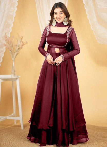 Aurevia Royal Georgette Layered Gown Set with Embellished Yoke