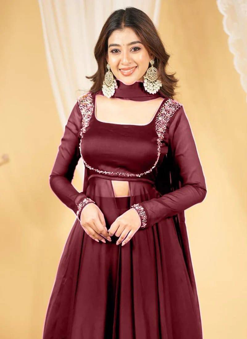 Aurevia Royal Georgette Layered Gown Set with Embellished Yoke