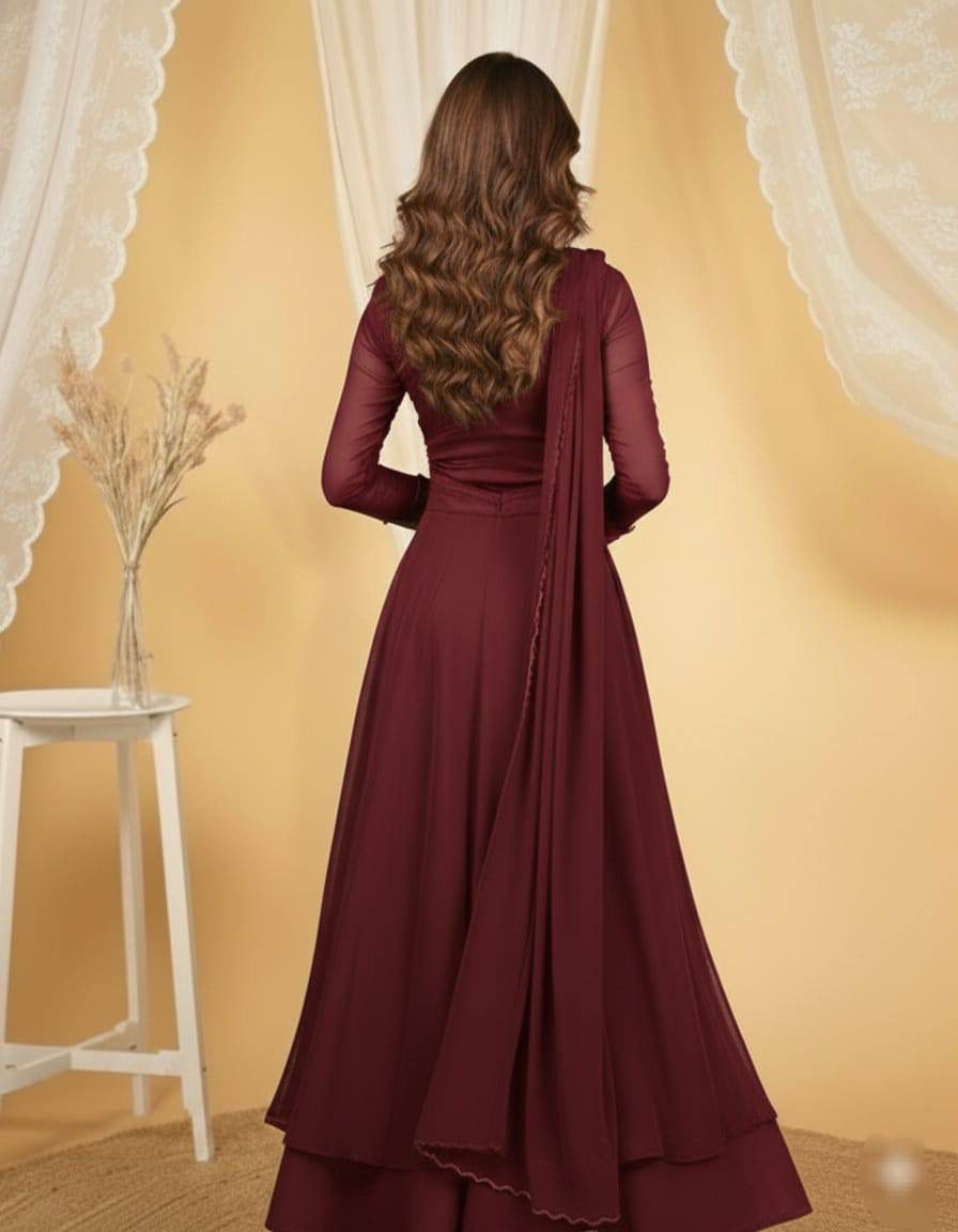 Aurevia Royal Georgette Layered Gown Set with Embellished Yoke