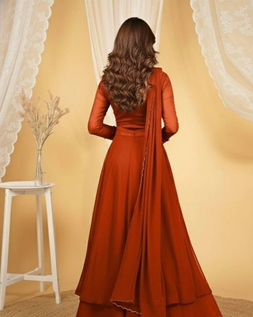 Aurevia Royal Georgette Layered Gown Set with Embellished Yoke