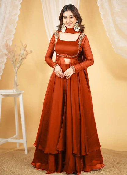 Aurevia Royal Georgette Layered Gown Set with Embellished Yoke