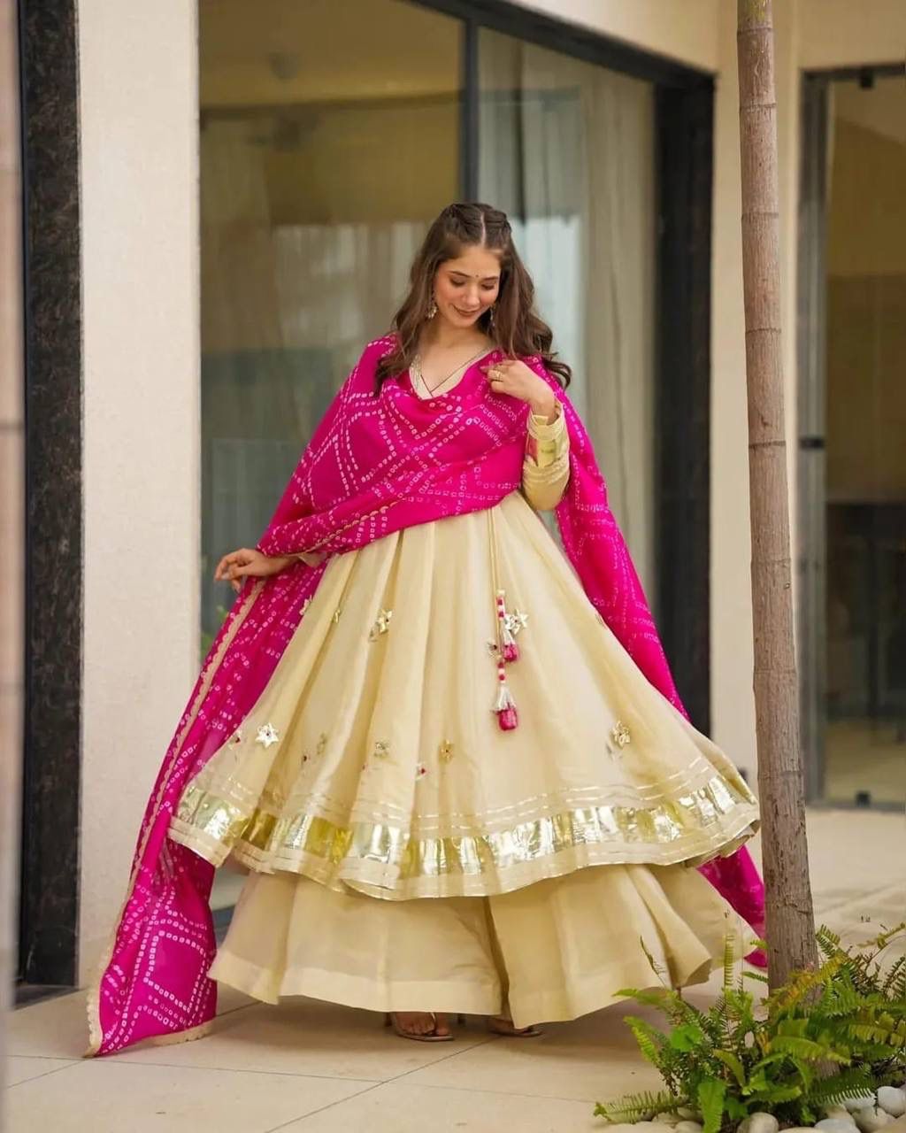 Aurevia Ivory Anarkali Set with Pink Bandhani Dupatta