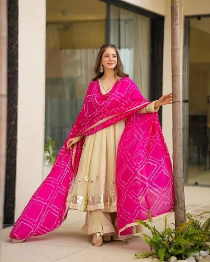 Aurevia Ivory Anarkali Set with Pink Bandhani Dupatta