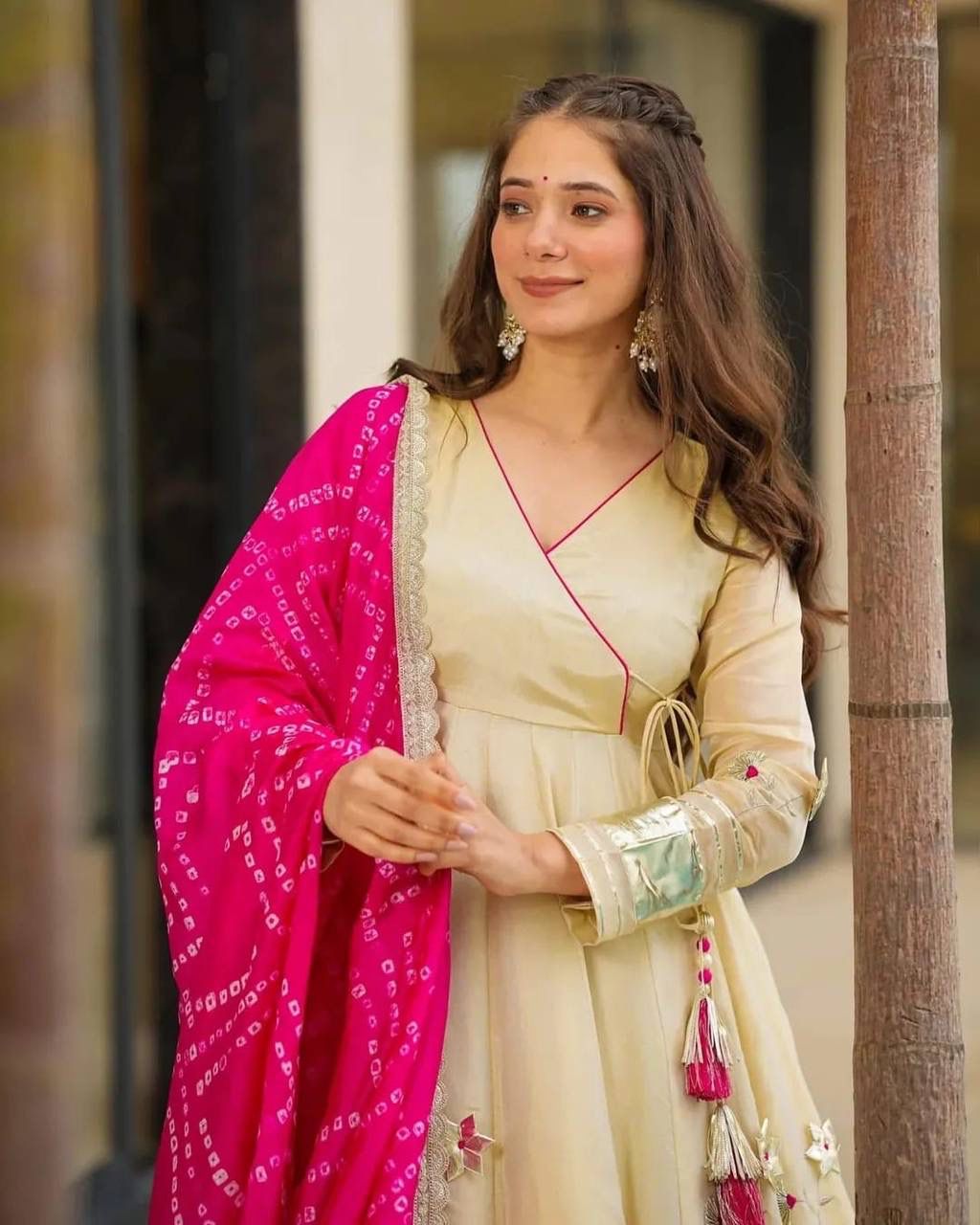Aurevia Ivory Anarkali Set with Pink Bandhani Dupatta
