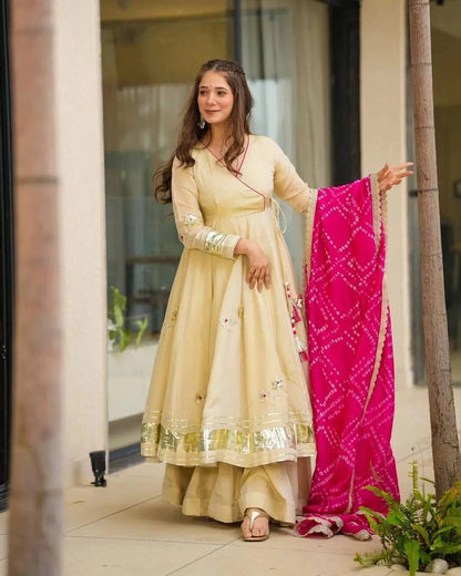 Aurevia Ivory Anarkali Set with Pink Bandhani Dupatta