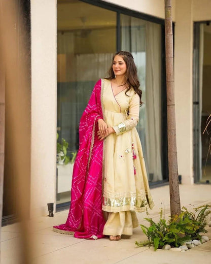 Aurevia Ivory Anarkali Set with Pink Bandhani Dupatta
