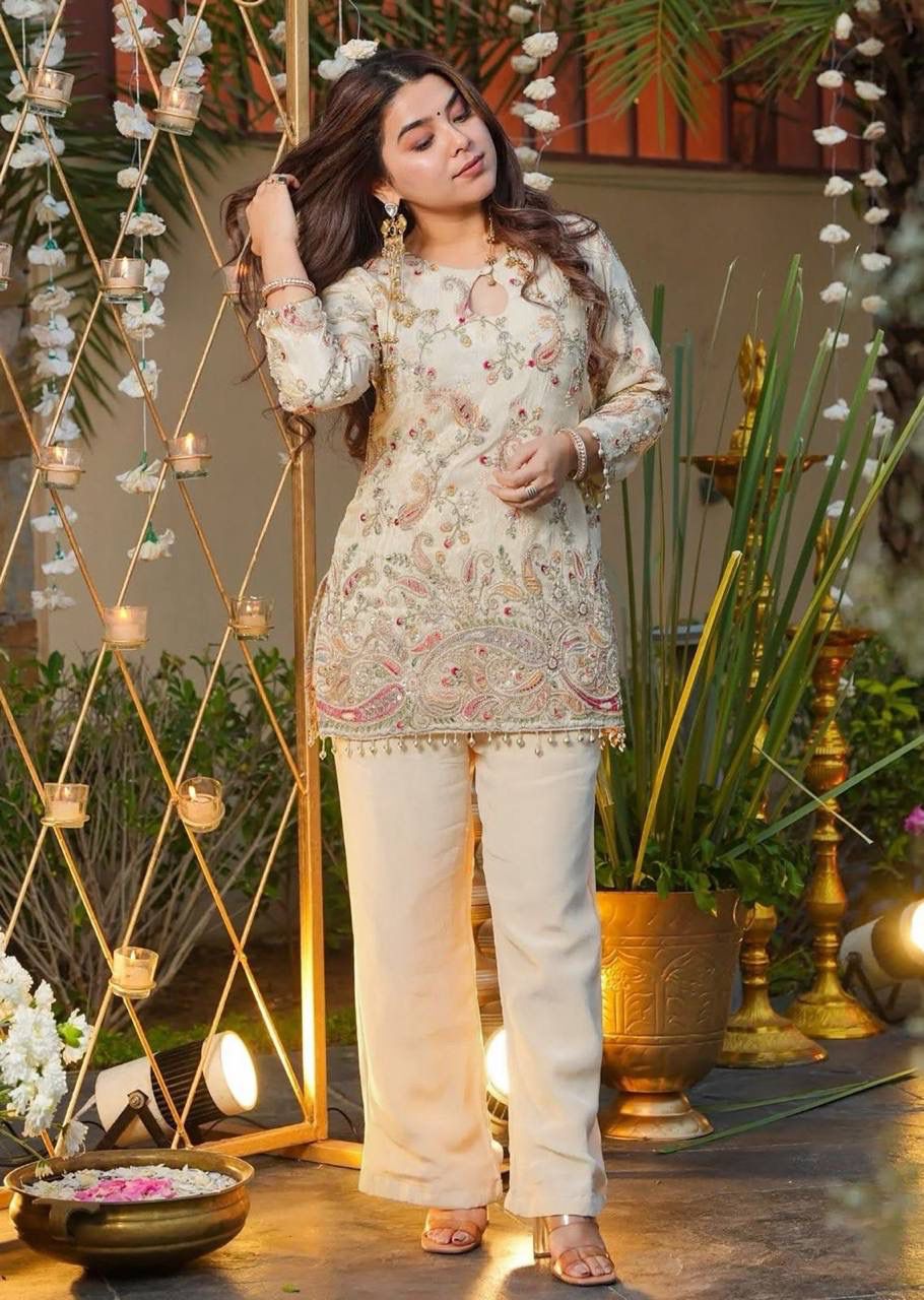 Ivory Embroidered Festive Co-Ord Set for Women
