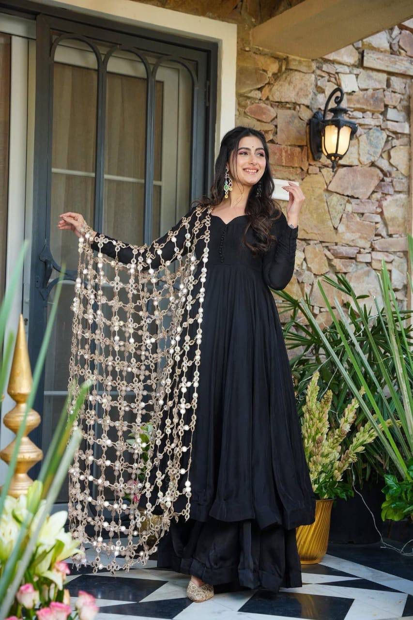 Aurevia Midnight Black Anarkali Set with Statement Lace Dupatta
