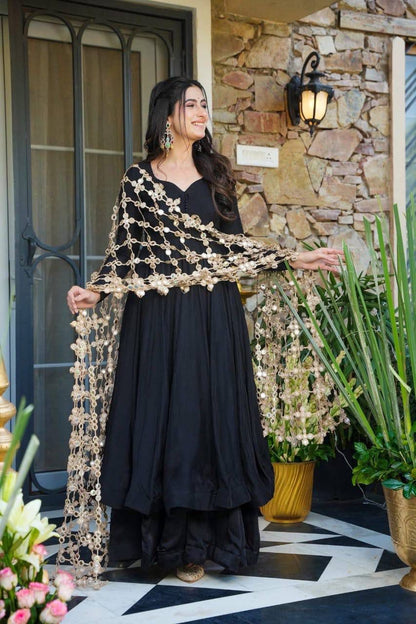 Aurevia Midnight Black Anarkali Set with Statement Lace Dupatta