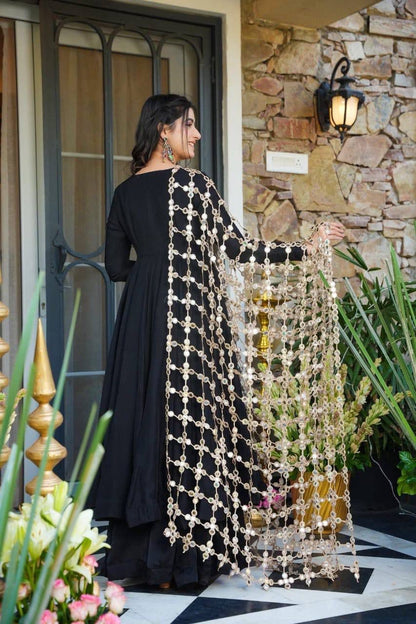 Aurevia Midnight Black Anarkali Set with Statement Lace Dupatta