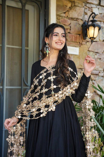Aurevia Midnight Black Anarkali Set with Statement Lace Dupatta