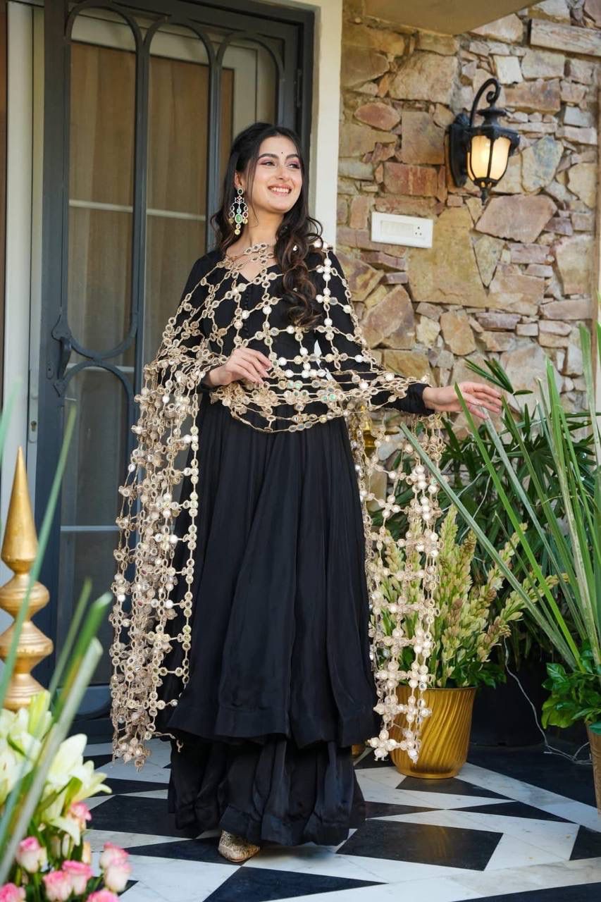 Aurevia Midnight Black Anarkali Set with Statement Lace Dupatta