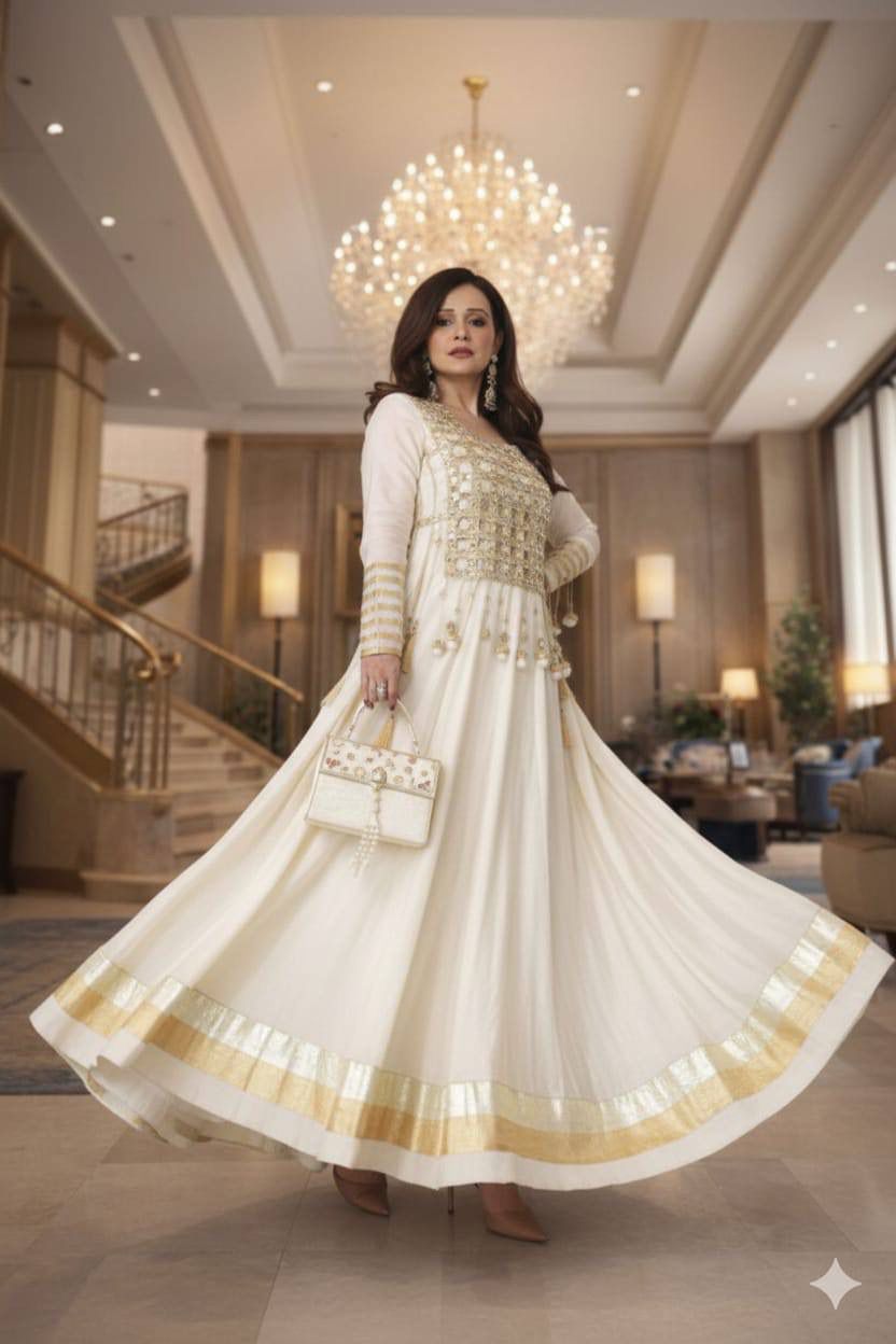 Aurevia Ivory Celeste Mirror Anarkali Gown
