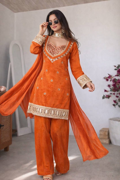 Aurevia Rust Ember Mirror Work Kurta Set