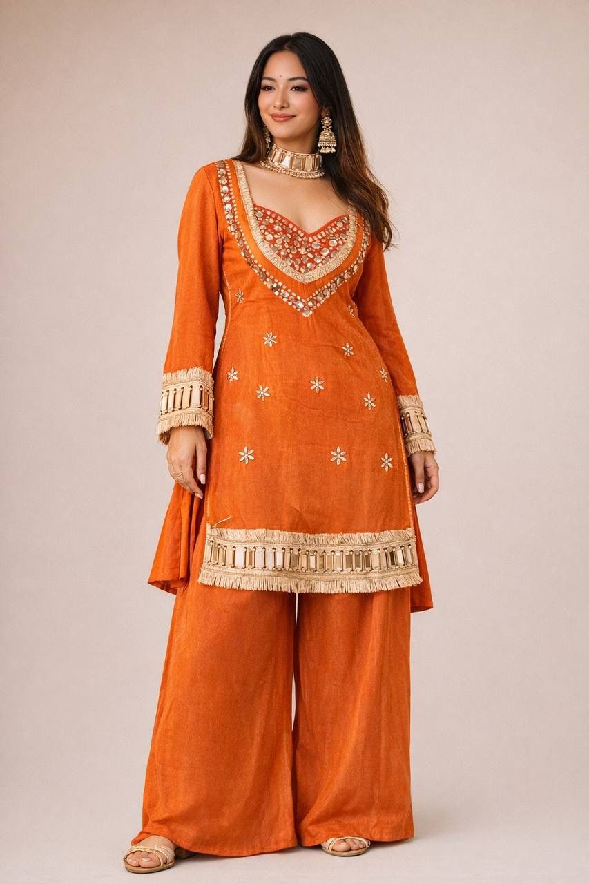Aurevia Rust Ember Mirror Work Kurta Set